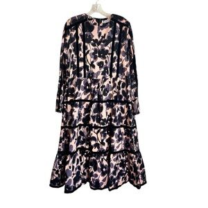 Womens Floral Midi Dress Size L Prairie Cottagecore Boho Tiered Velvet Trim